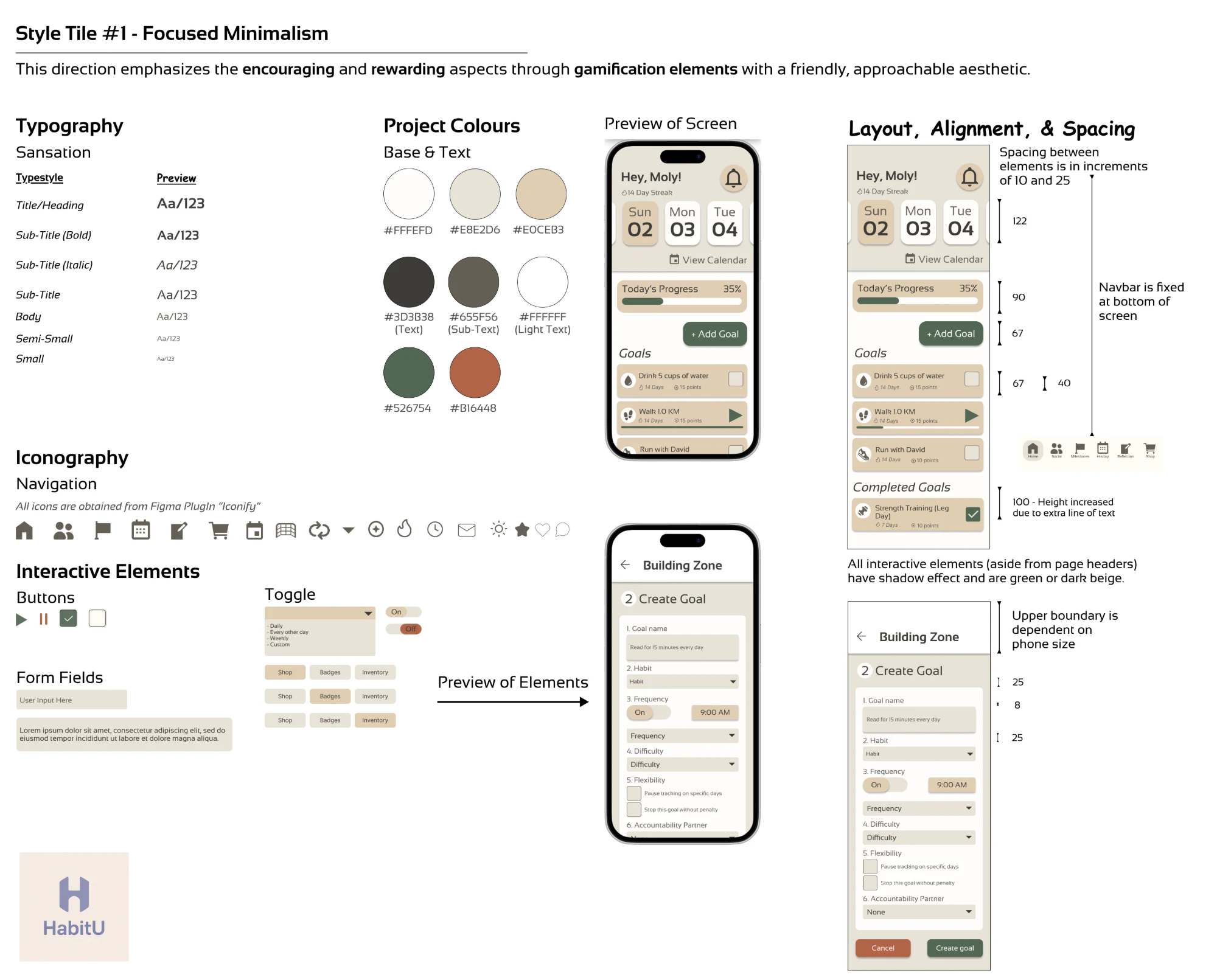 Style tile showing Sansation typography, a sand, sage and rust palette, navigation icons, buttons, form fields and two phone previews
