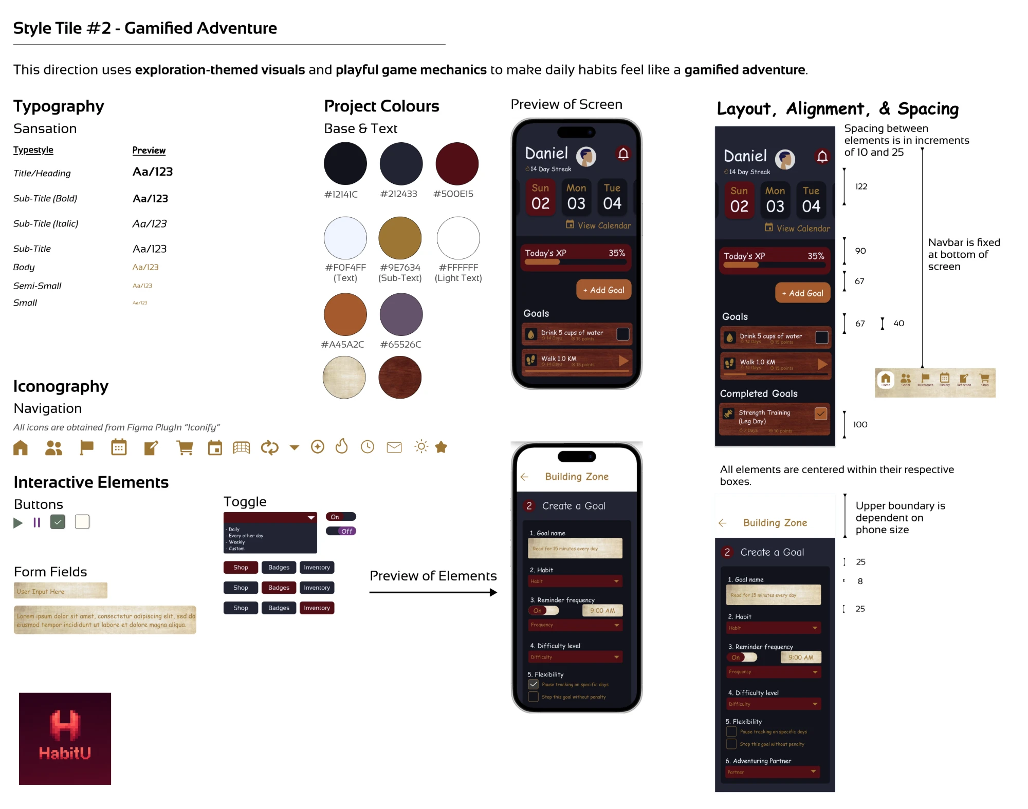 Style tile with dark navy and burgundy colours, copper accents, parchment textured inputs and two phone previews