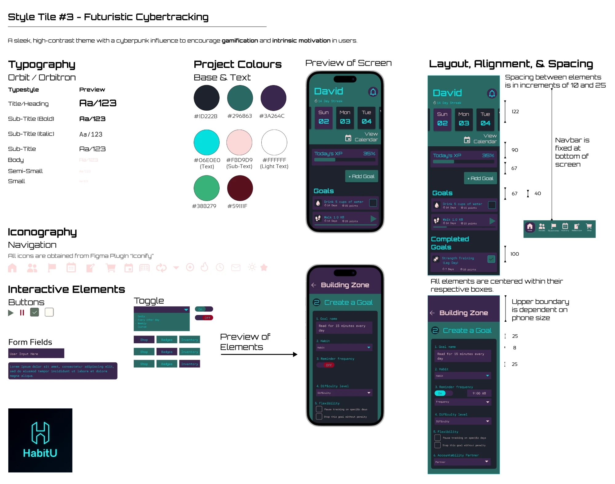 Style tile with Orbitron typography, charcoal, teal and violet colours, cyan text and two phone previews