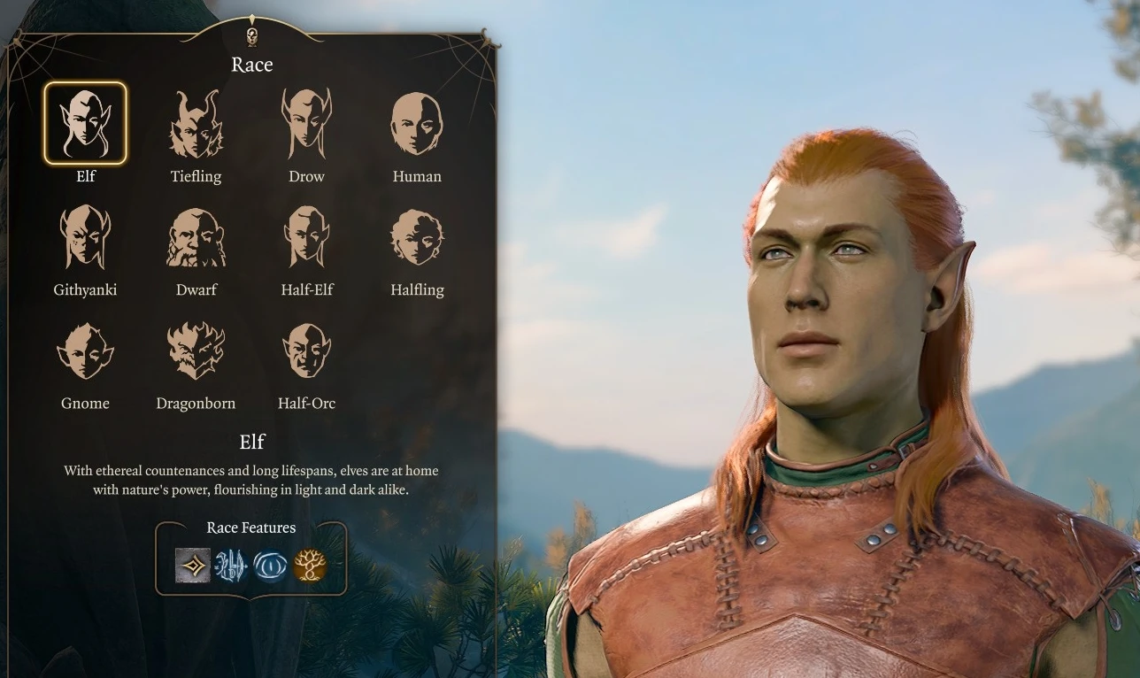 Baldur's Gate 3 race selection screen: a grid of species portraits beside a 3D preview of an elf