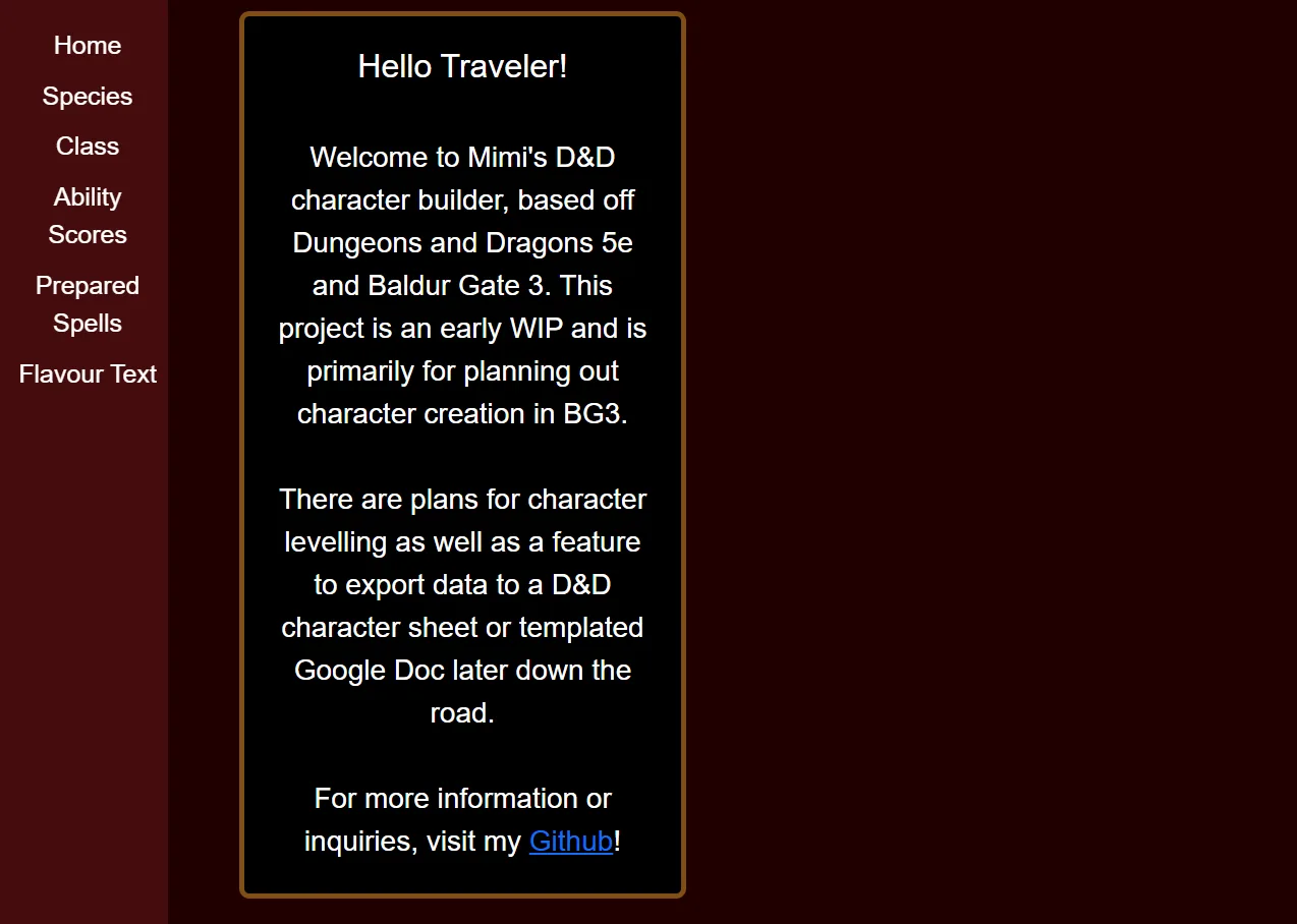 Version 1 home page: a dark red sidebar with Home, Species, Class, Ability Scores, Prepared Spells and Flavour Text links beside a black welcome panel reading Hello Traveler!